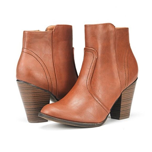 Dream Pairs Shoes - Dream Pairs Western Block Heel Zipper Closure Ankle Bootie, Sz 9, Brown